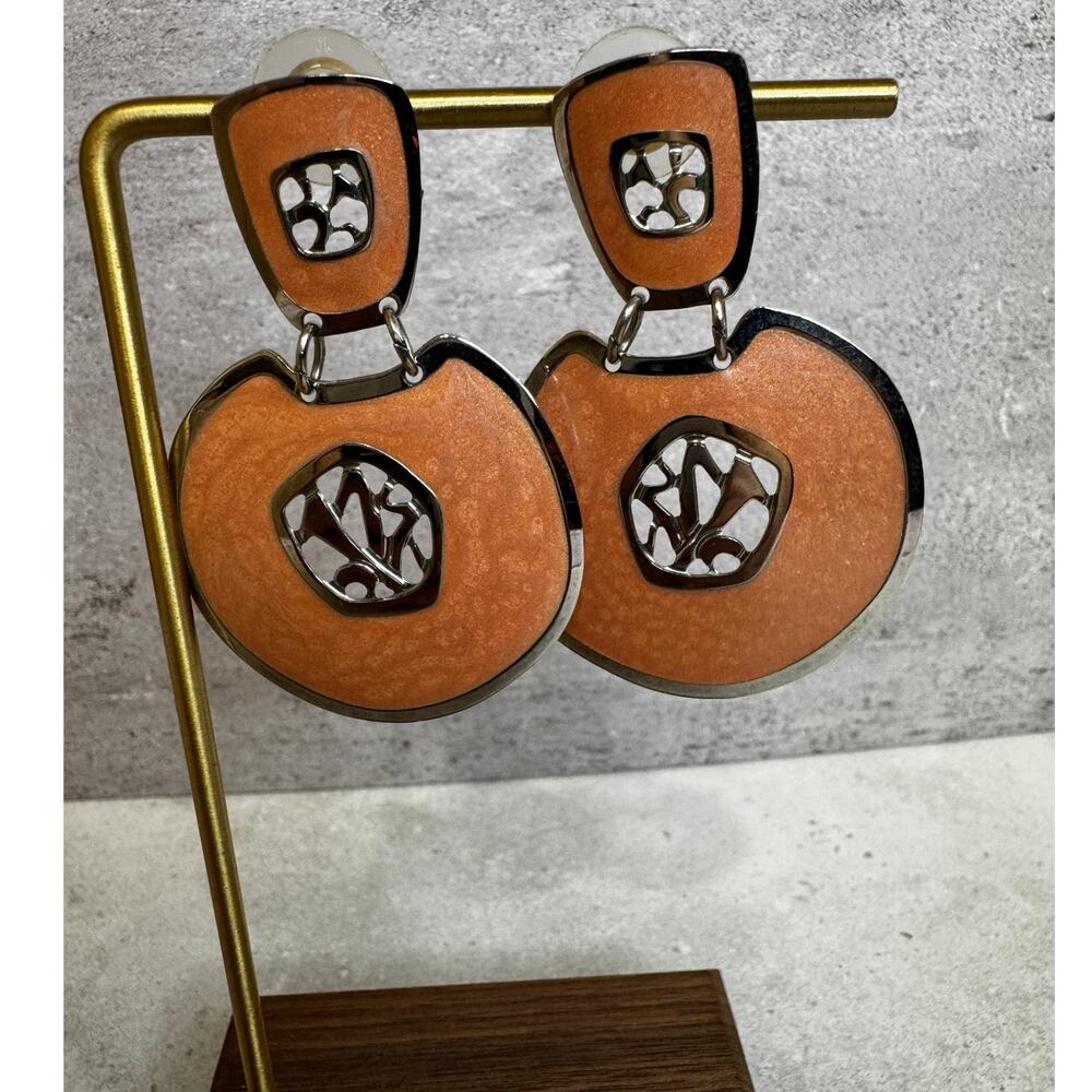 Vintage Edgar Berebi Peach Enamel Drop Earrings Art Deco Modernist Statement